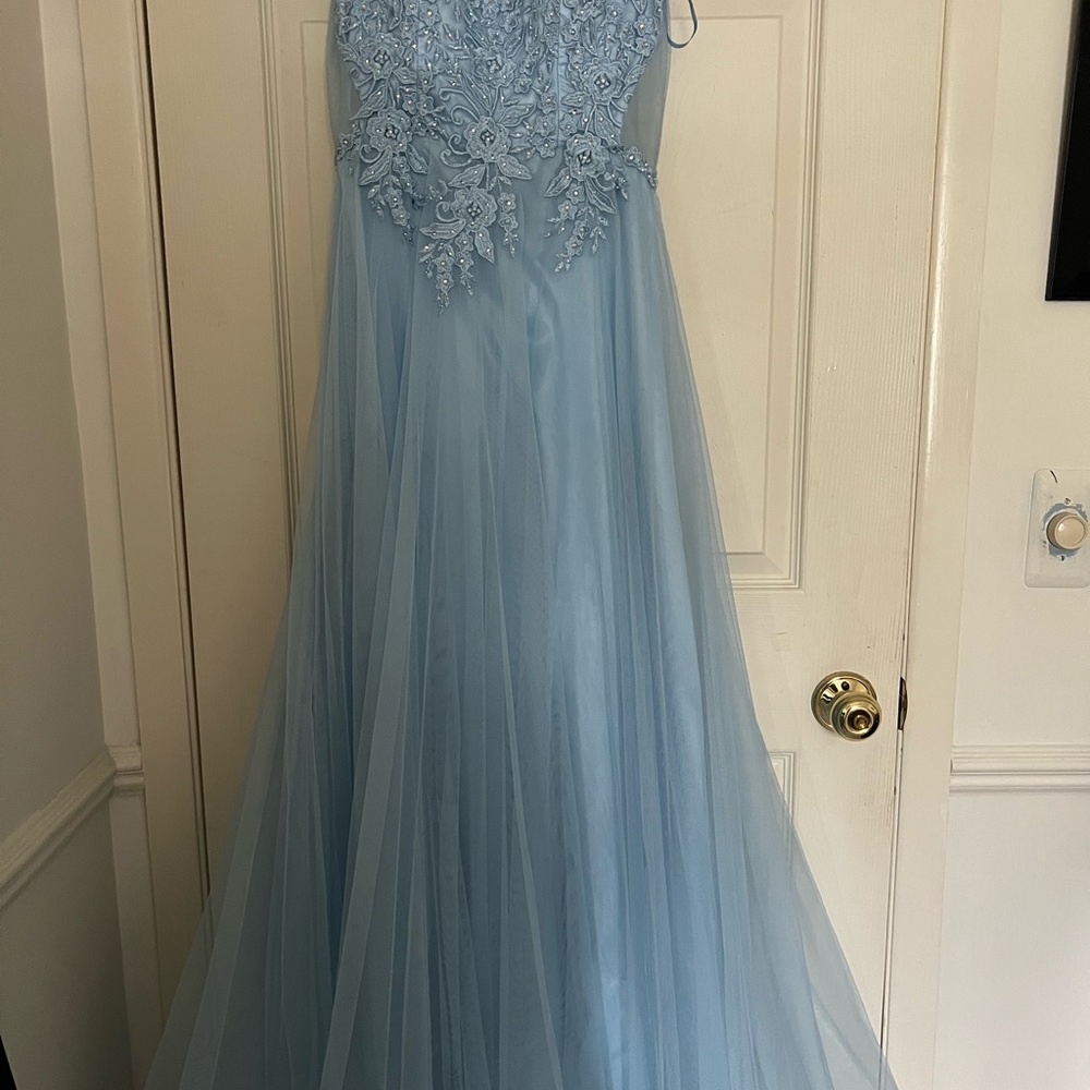 Chic Light Blue Dress with Floral Accents